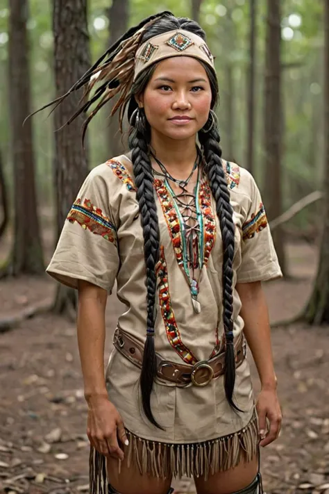 onoff, female Choctaw warrior, wearing a traditional beaded tunic, forest ranger hat, long black braids,  <lora:OnoffXL4:0.8> onoff