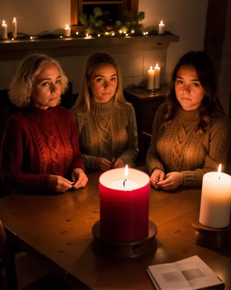 women and girls of varying ages, naked, candlelight, cable knit irish aran sweaters arranged on table