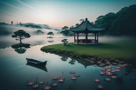 Chinese martial arts style, large area sky, ink style, outline light, atmospheric atmosphere, depth of field, mist rising, lake ...