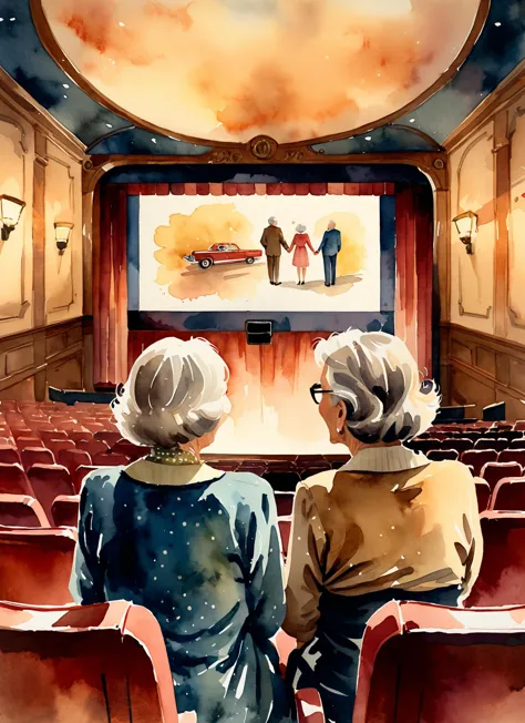 painting of two elderly women watching a movie in a theater