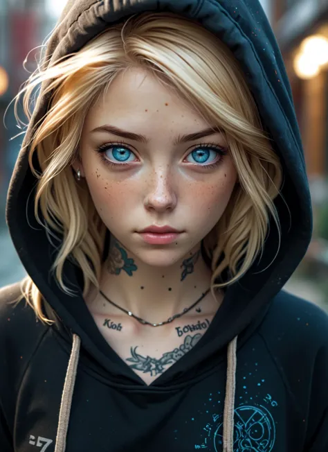 Medium format photography, Anime girl digital artwork, A woman in her 20s, looking at the camera, she has freckles, blue eyes, she has Lush blonde hair, tattoos on neck, wearing a black hoodie, highly detailed, best quality, 8k uhd, Nikon 70d, ISO200, F/2.8, 1/25sec, 70mm