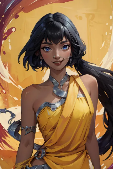 (Masterpiece:1.4), (best quality:1.2), nilah \(league of legends\), 1girl, yellow dress, black pants, black hair, smile, upper body, potrait