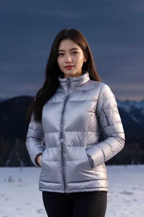 mature body, masterpiece, best quality, ultra-detailed, ultra high res, (photorealistic:1.4), raw photo, (realistic:0.2), CG, {4k|8k} HDR, perfect lighting, 1girl, solo, looking at viewer, (winter clothes, padded jacket), outdoor, (snow, snowflakes), night, aurora sky, upper body, asymmetrical wavy long hair, (detailed oily skin, medium breasts:1), (detailed background :1.1), hands in pocket,