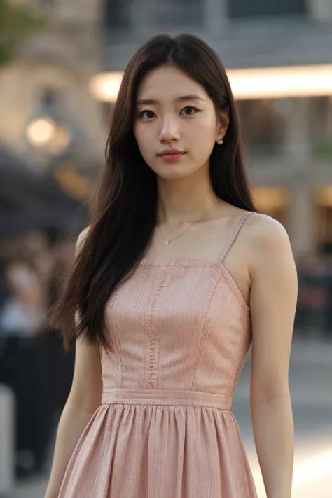 a woman in a pink dress standing on a sidewalk