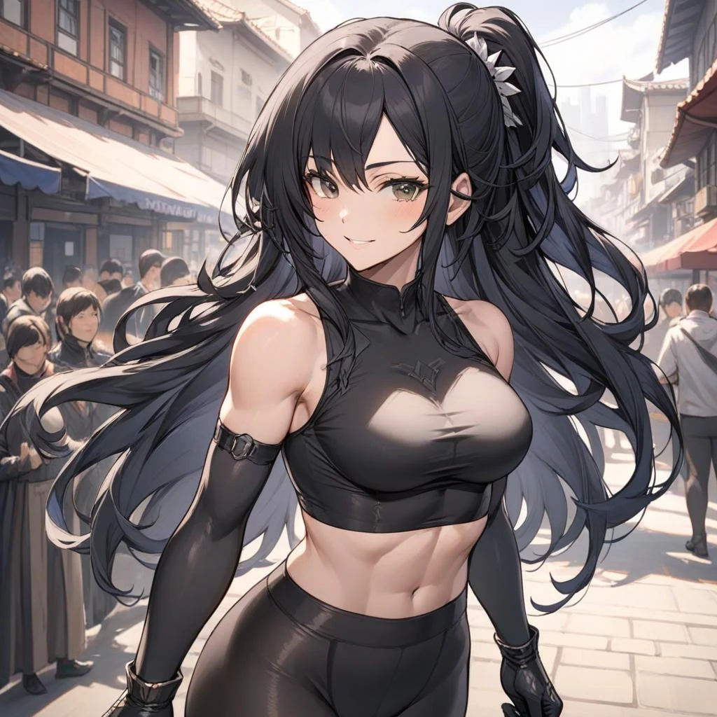 high quality, masterpiece, mature female, smirk, crop top, long gloves, tights, black hair, long hair, public