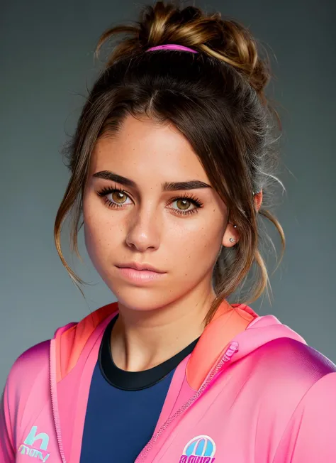 a woman with a pink jacket and a pink top is posing for a picture