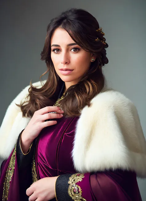 a woman in a purple dress and fur coat posing for a picture