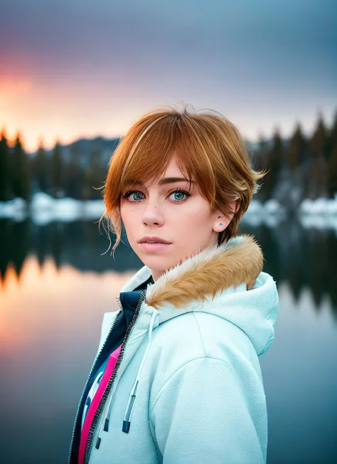 arafed woman with red hair and blue eyes standing in front of a lake