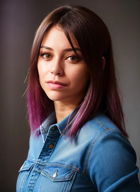 a close up of a woman with a blue shirt and purple hair