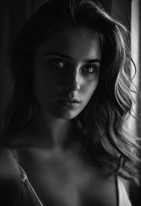 cinematic film still ,The most beautiful girl in the World, 24 years old, closeup, bnw photo in the style of Alessio Albi, cinem...