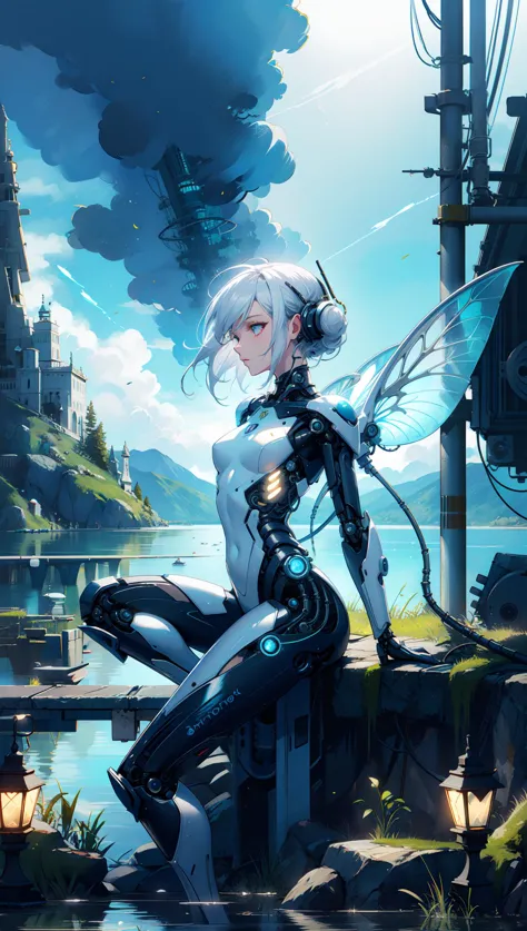 a female android,athletic,white hair,porcelain,tight bodysuit,white plastic,see through,ornate,(joints:1.1),wires,<lora:reelmech1v2:0.6>,(mechanical parts),<lora:FeyAndFairies-10:0.75>,FeyFa,fairy wings,sky,storm clouds,grass,lake,lights,