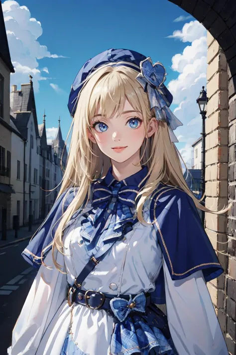 (masterpiece, best quality, beautiful and aesthetic:1.3), upper body, portrait, looking at viewer, 1girl, solo, light smile, (blonde hair), very long hair, cyb dress, capelet, long sleeves, belt, bow, bowtie, hat, headwear, standing, shiny skin, beautiful face, beautiful eyes, outdoors, castle, blue sky, clouds, extreme detailed, official art, professional illustration, hires, 