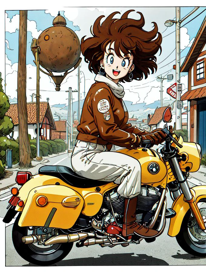 toriyama akira, masterpiece, lineart detailed, high res, 1girl, solo,  blue eyes, full body, short brown hair, wearing 80s street fashion, on a motorbike in a futuristic village, open mouth smile, dynamic pose, orgone energy, sunny overcast day, (profiles:0.3), 