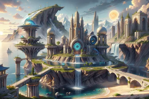 a painting of a futuristic city on a cliff overlooking a body of water