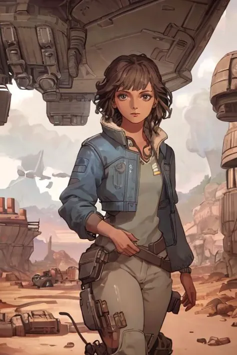 StarWars_Outlaws, illustration cover by moebius, moebiuscolor, a pretty cute young woman walking in a spaceship junkyard in a rocky desert, surprised innocent expression, mechanical parts, shipwrecks, spaceship debris, (detailed face, detailed eyes:1.6), intricately detailed