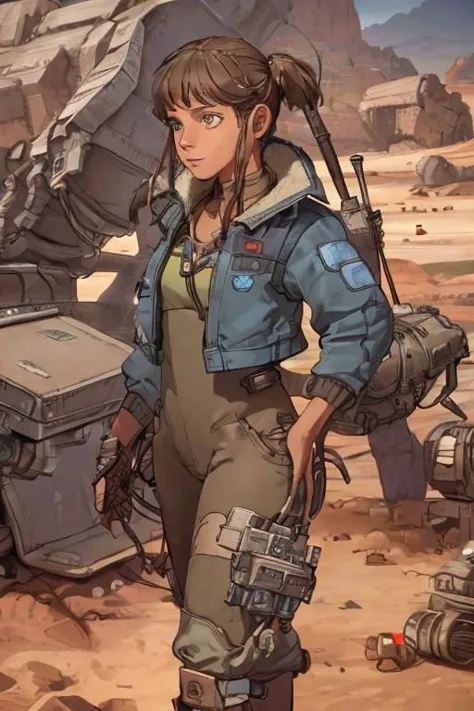 StarWars_Outlaws, illustration cover by moebius, moebiuscolor, a pretty cute young woman walking in a spaceship junkyard in a rocky desert, surprised innocent expression, mechanical parts, shipwrecks, spaceship debris, (detailed face, detailed eyes:1.6), intricately detailed