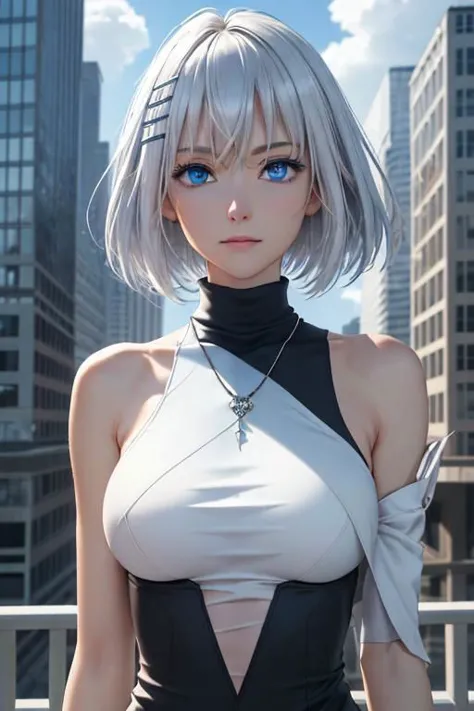 origamitobiichi, <lora:origami tobiichi s2-lora-nochekaiser:1>,
origami tobiichi casual, short hair, blue eyes, hair ornament, bare shoulders, jewelry, white hair, sleeveless, hairclip, necklace, turtleneck, sleeveless turtleneck, strap between breasts, white dress,
BREAK ,
BREAK outdoors, sky, blue sky, clouds, sun, city, buildings, crowd, people,
first-rate breast, First-rate female body, 
BREAK <lyco:GoodHands-beta2:1>, (masterpiece:1.2), best quality, high resolution, unity 8k wallpaper, (beautiful detailed eyes:1.6), perfect fingers, 5 fingers, perfect hands, perfect body, perfect face, perfect outfit, extremely detailed face, perfect lighting, extremely detailed CG, (perfect hands, perfect anatomy), zoom, solo focus, top body, upper body, focus face