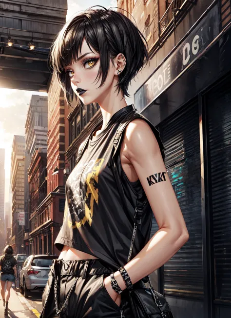 1girl,punk,short hair,black hair,yellow eyes,eyelashes,eyeshadow,(black lipstick:1.2),nose piercing,lip piercing,baggy shirt,bla...