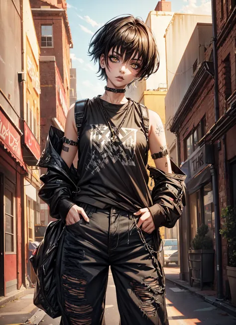 1girl,punk,short hair,black hair,yellow eyes,eyelashes,eyeshadow,(black lipstick:1.2),nose piercing,lip piercing,baggy shirt,bla...