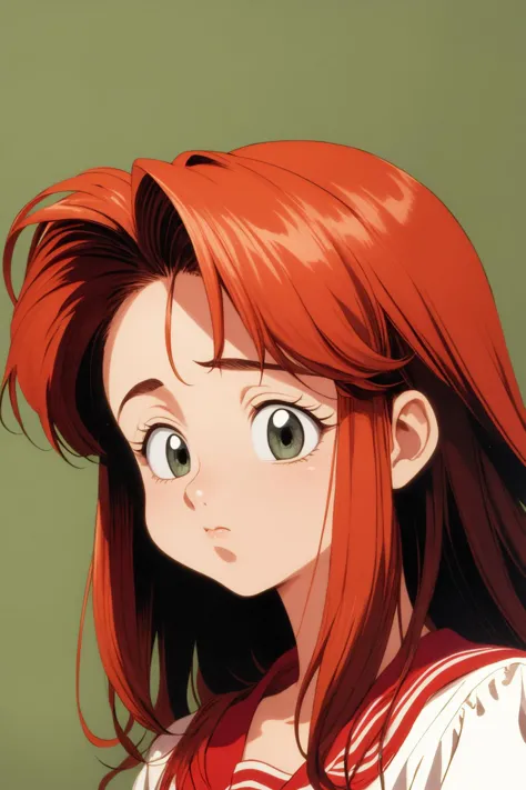 a close up of a woman with red hair and green eyes