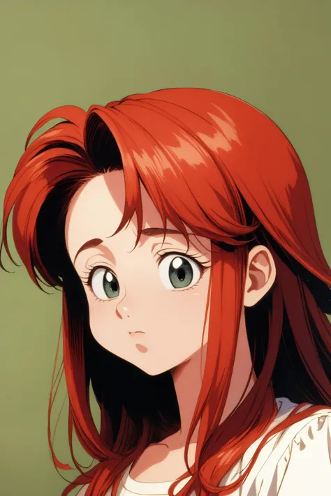 a close up of a woman with red hair and green eyes