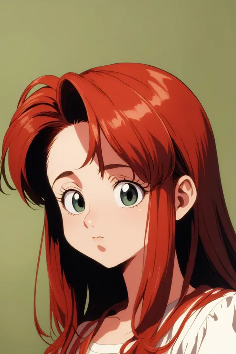 a close up of a woman with red hair and green eyes