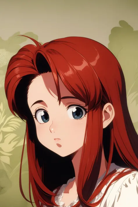 anime girl with red hair and blue eyes staring at the camera