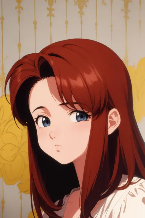 anime girl with red hair and blue eyes looking at camera