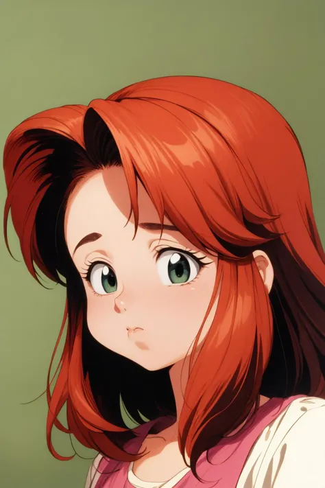 a close up of a girl with red hair and green eyes