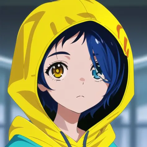 masterpiece, highres, 1girl,<lora:AiOhtoR4:0.7>,AiOhtoR4,  upperbody,  blue_hair, heterochromia, yellow eye, blue eye,short_hair,close-up,closed mouth,face,hood,hood up,looking at viewer,solo,yellow hoodie,,