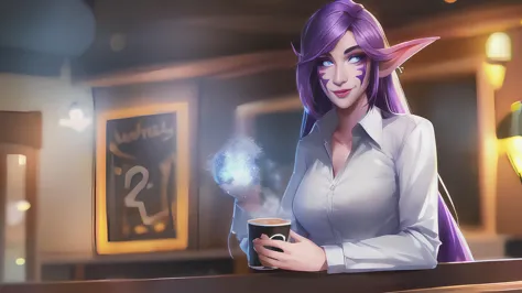 warcraft, world of warcraft, coffee holding cup,  cafe, (white buttoned shirt),smile, inviting, friendly, tavern, shop, steamy cup,  high quality,  particles,  volumetric lighting, best quality, masterpiece, 1girl,light purple skin,  shenelf, athletic,glowing eyes, facial mark,   <lora:sxzNightElvesWarcraft_sxzNightElves:0.7>