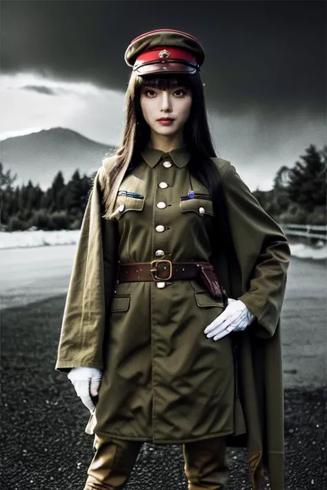 (otherworldly), highly insanely detailed, masterpiece, top quality, best quality, highres, 4k, 8k, RAW photo, (very aesthetic, beautiful and aesthetic), 1girl, solo, cowboy shot, ((IJA Taisho, khaki uniform, IJA officer,)), IJA peaked cap,cloak,black long boots, hand on hip,small breasts,  narrow waist,  black hair, long hair, hime cut,  blunt bangs, red eyes, smug,evil smile,  <lora:IJAuniform-v1:0.9>, white gloves, holster, leather belt pouch, ruined city, ruined street, on fire, night sky,, (fantasy world)