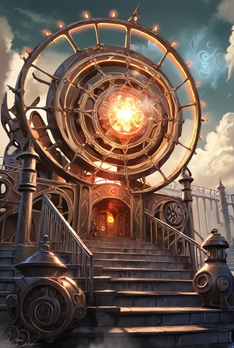 score_9, score_8_up, score_7_up,BREAK overalldetail, <lora:steampunk:0.8>,
steampunk,magitech,, no humans, stairs, scenery, sky, signature, glowing, fantasy, light particles, cloud,