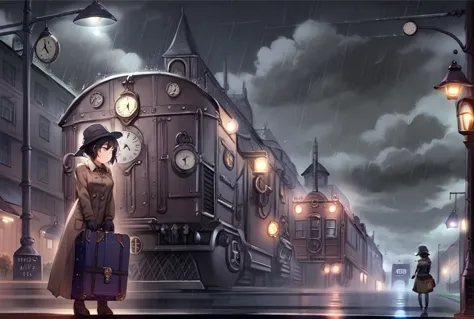 anime scene of a woman with a suitcase and a train