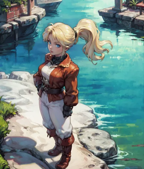 masterpiece, anime screencap, 1 girl, solo, blonde hair, ponytail, blue eyes, red jacked, white tigh pants, boots, outdoors, medieval, harbor, full body, cowboy shot  <lora:Flare:1>