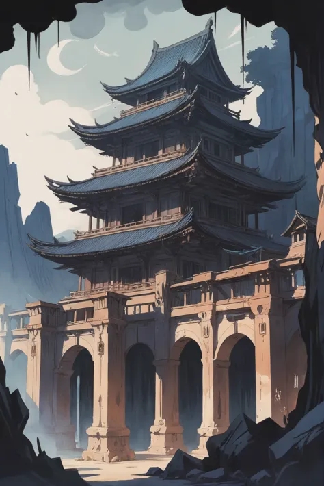 anime style ink and wash, sharp outlines, noon, architecture, "at the ancient aeon"<lora:envystarlightanime06:1>