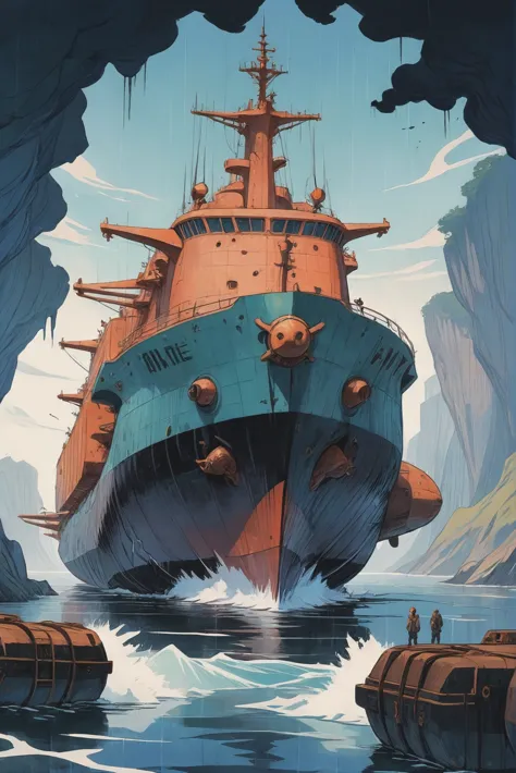 anime style watercolor, sharp outlines, A massive, lumbering, quantum seagoing cargo freighter <lora:EnvyStarlightAnime06:1>