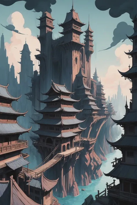 anime style ink and wash, sharp outlines, great fantasy metropolis outside of reality<lora:EnvyStarlightAnime06:1>