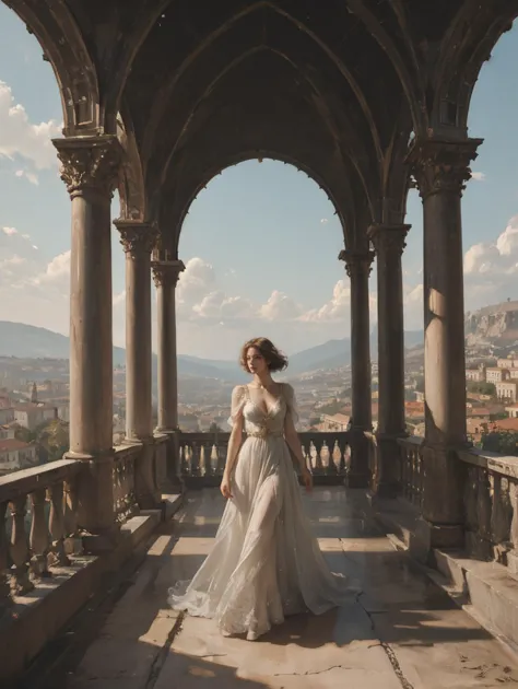 a woman in a wedding dress standing on a balcony with columns