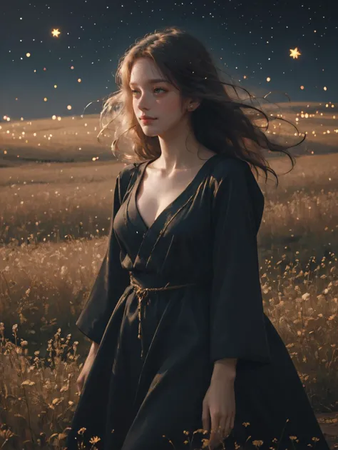 a woman in a black dress standing in a field of grass