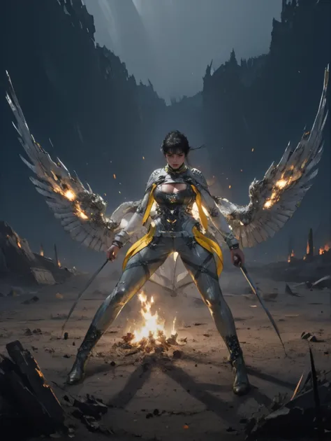 a woman with wings and a sword standing in front of a fire