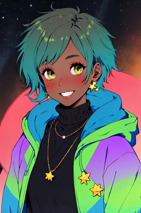 1girl, solo, blush, smile, brown hair, shirt, jewelry, blue hair, jacket, upper body, multicolored hair, earrings, green hair, t...