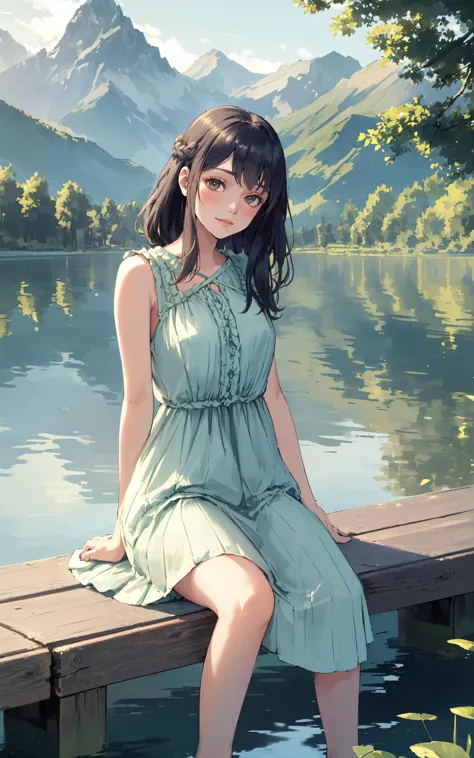 (scenic outdoor lake setting), (sunlit pier), young adult woman, casual summer fashion, ((dipping legs into the lake)), relaxed ...