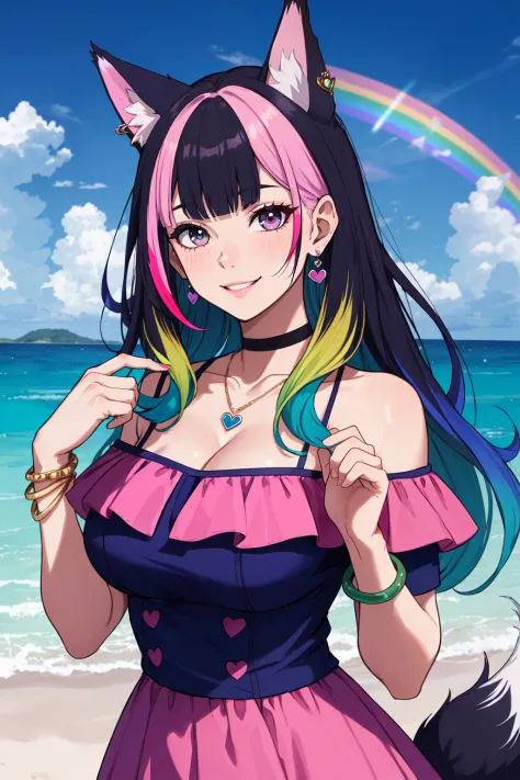 1girl, bare shoulders, beach, blue hair, blunt bangs, bracelet, choker, cleavage, cloud, day, dress, earrings, frilled dress, frills, grey eyes, hands up, heart, jewelry, large breasts, looking at viewer, multicolored clothes, multicolored dress, multicolo...