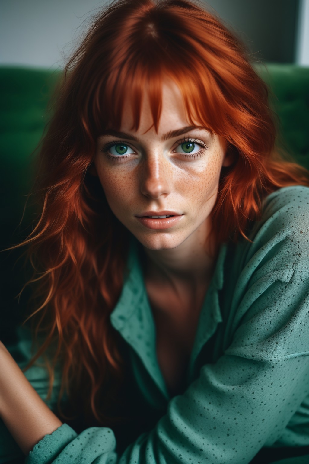 A close up of a woman with red hair and green shirt - SeaArt AI