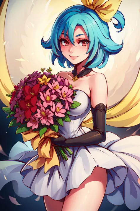 a close up of a woman in a dress holding a bouquet