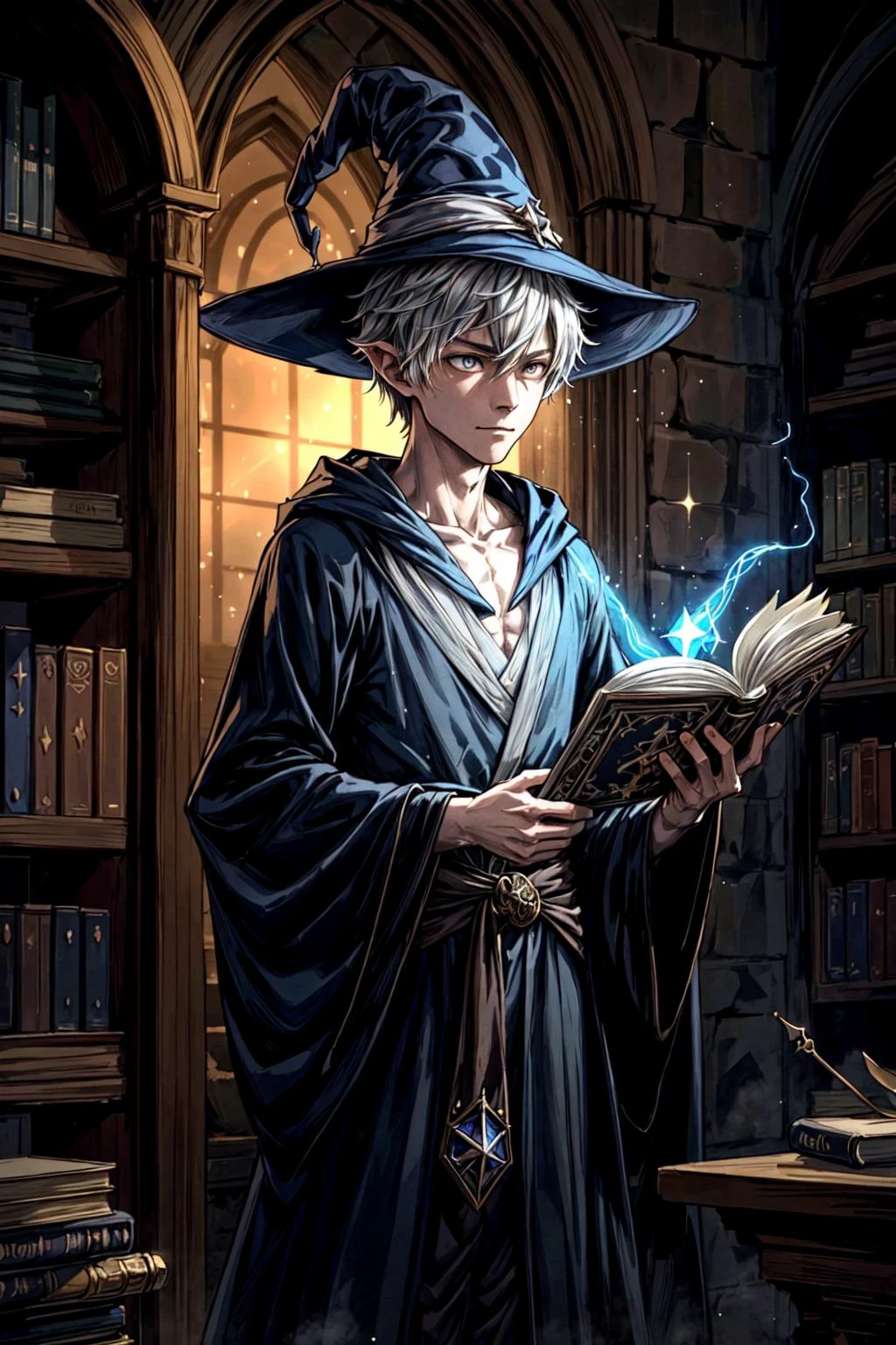 1boy, a thin and mysterious wizard wearing a robe and a hat, casting a spell in a tower with a wand and a scroll, books and potions in the background, arcane and mysterious style, sparkling spells in air, fanciful energy, cinematic lighting,