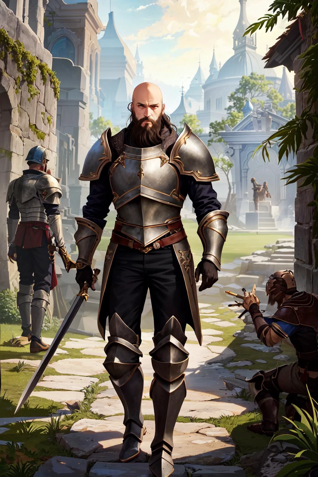 (masterpiece:1.2), (best quality:1.2), perfect eyes, perfect face, perfect lighting, 1boy, mature male, bald, absurdly long black beard, steel armor, breastplate, shin guard, pauldrons, gauntlets, fantasy, detailed outdoor background