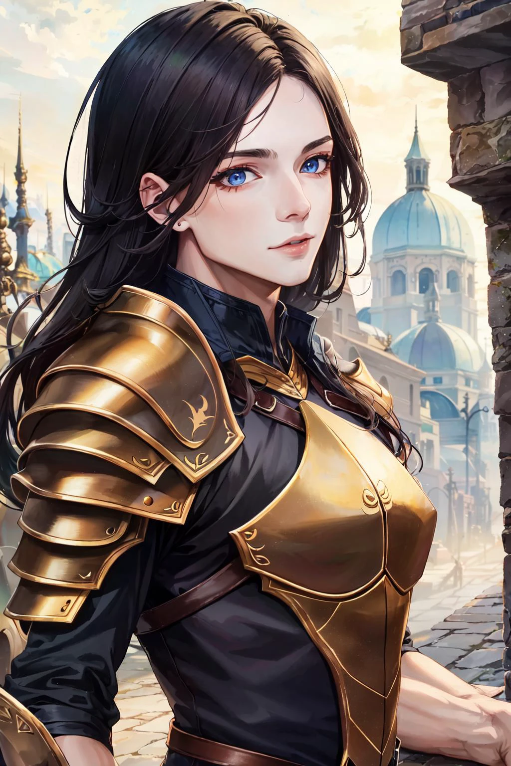 (masterpiece:1.2), (best quality:1.2), perfect eyes, perfect face, perfect lighting, (1boy:1.3), young rogue, androgynous, long hair, gorgeous, thick eyelashes, makeup, leather armor, colorful, fantasy, detailed outdoor city background