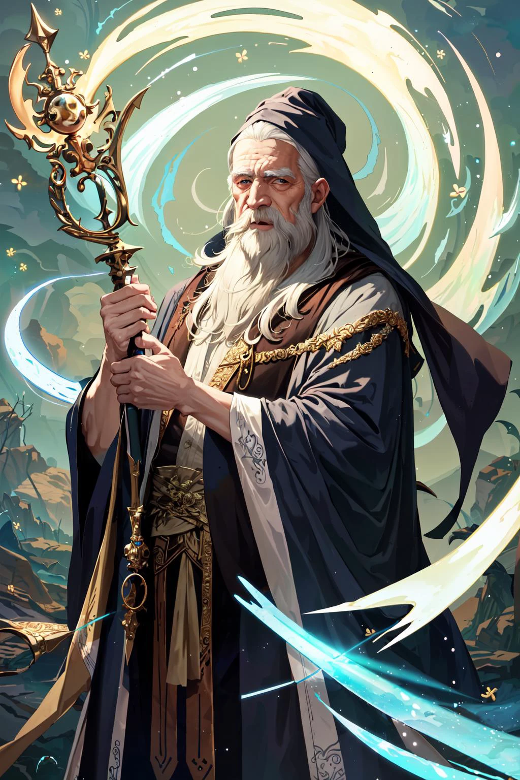 (masterpiece:1.2), (best quality:1.2), perfect eyes, perfect face, perfect lighting, 1boy, very old wizard holding a staff, bald, absurdly long beard, wizard robes, swirling magic, flowing magic, colorful, fantasy, detailed outdoor background